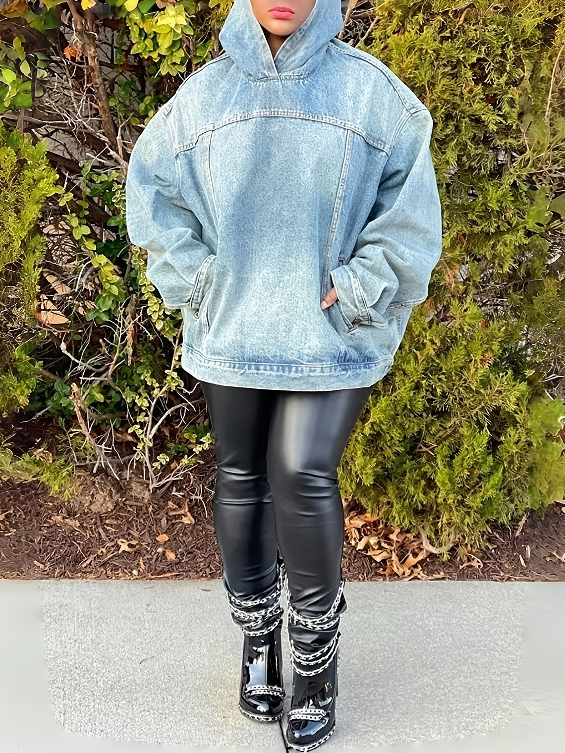 Jazz Light Blue Oversized Cozy Denim Hooded Sweatshirt With Pocket 4