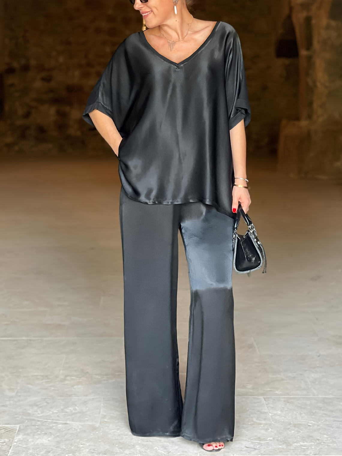 Lovely Satin Fabric V-Neck Elegant Trousers Set 1