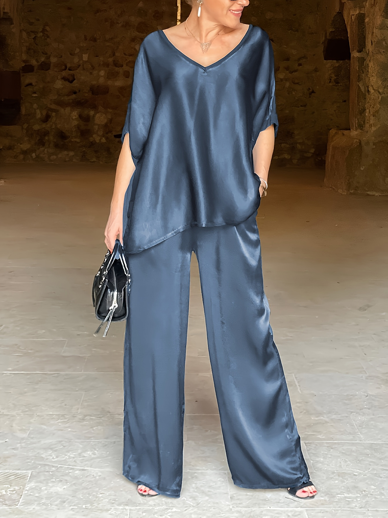 Lovely Satin Fabric V-Neck Elegant Trousers Set 2