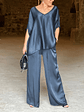 Lovely Satin Fabric V-Neck Elegant Trousers Set - thumbnail 2