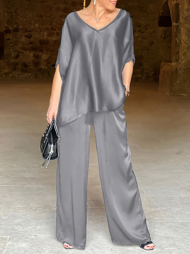Lovely Satin Fabric V-Neck Elegant Trousers Set 7