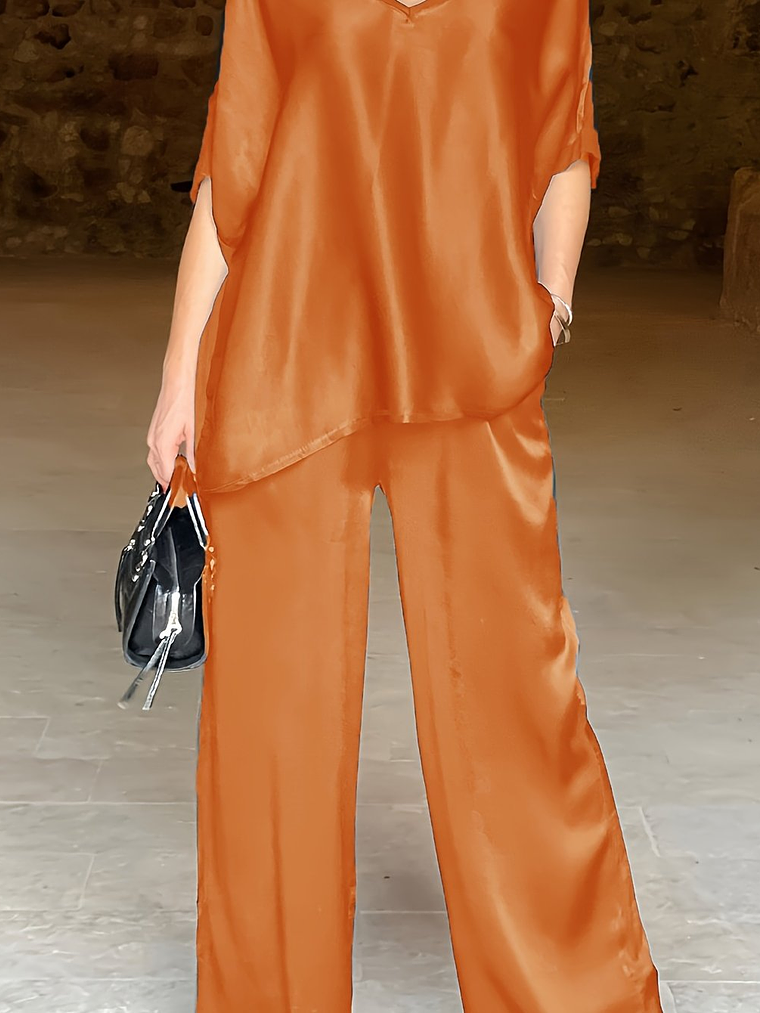 Lovely Satin Fabric V-Neck Elegant Trousers Set 14