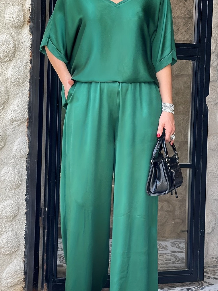 Lovely Satin Fabric V-Neck Elegant Trousers Set 15