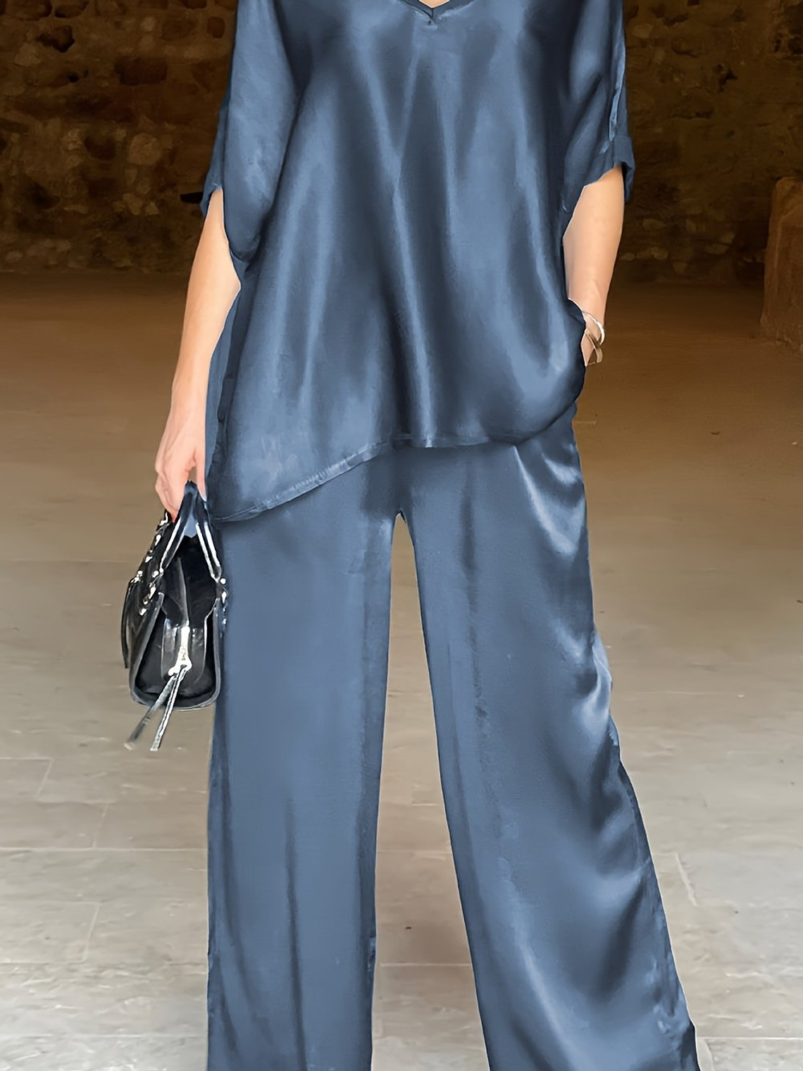 Lovely Satin Fabric V-Neck Elegant Trousers Set 17