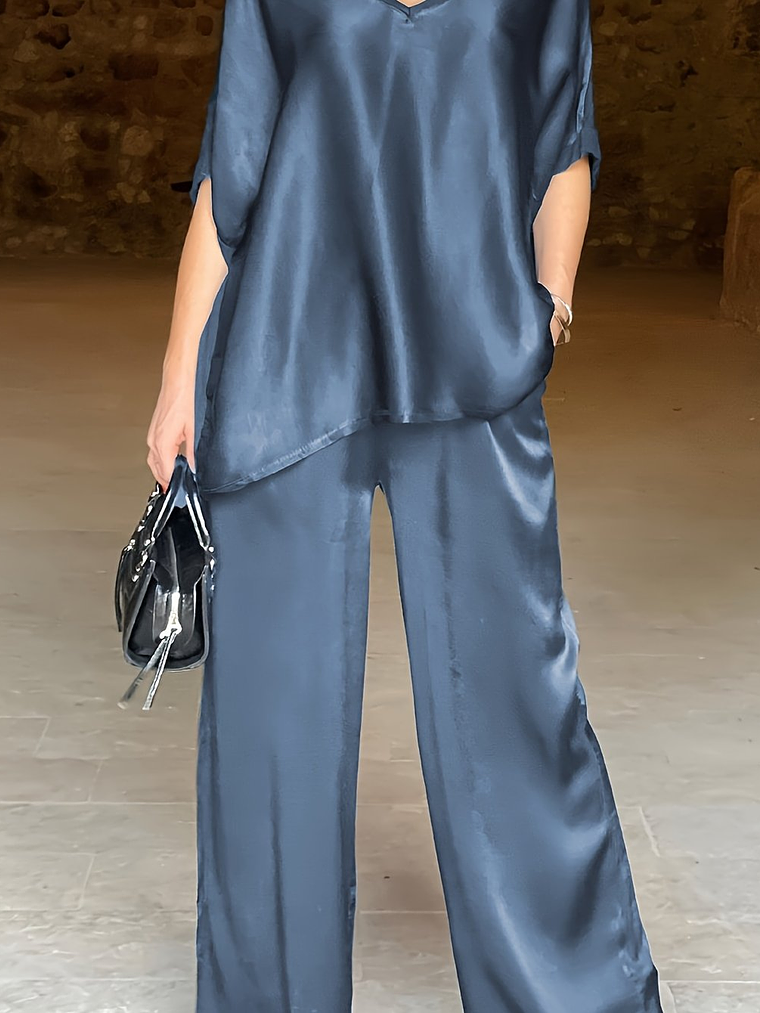 Lovely Satin Fabric V-Neck Elegant Trousers Set 17
