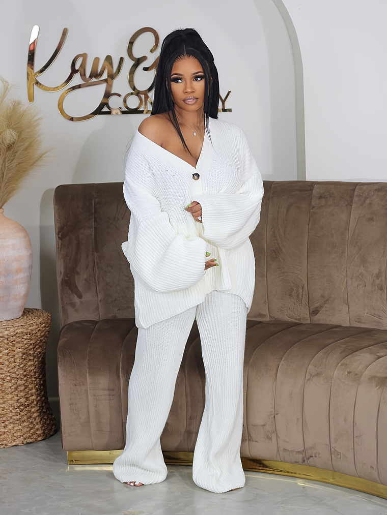 Queen of Hearts V-Neck Breasted Cardigan Wide-leg Pants Sweater Set 5