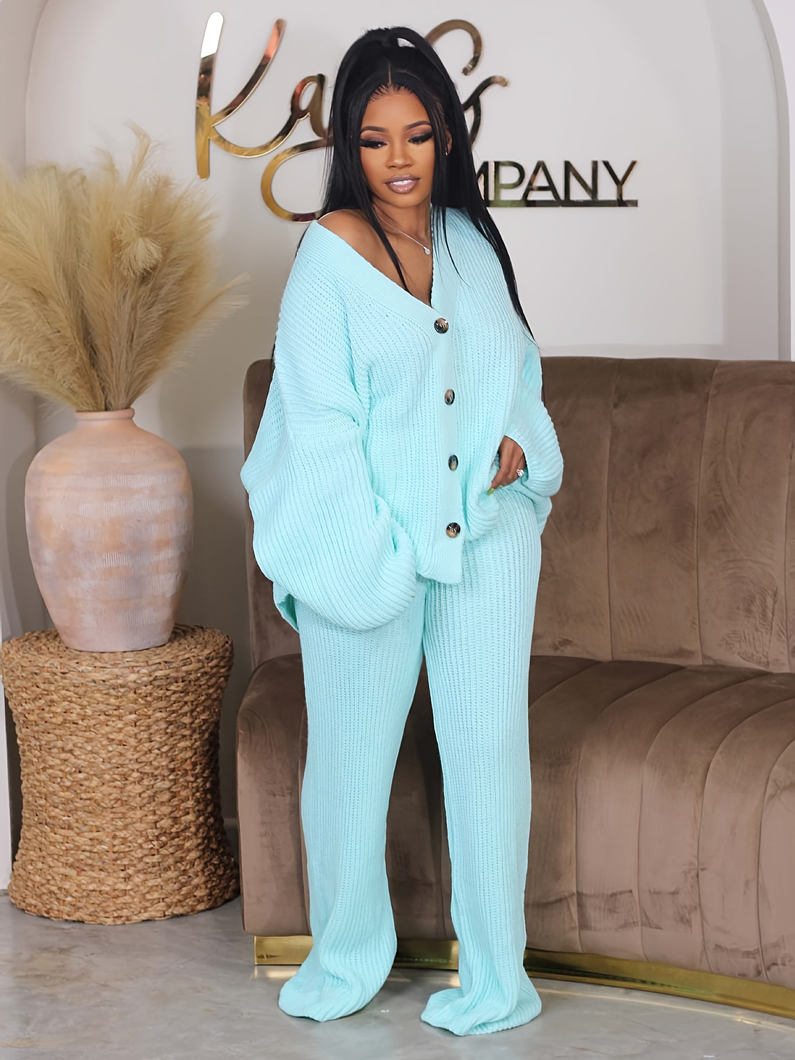 Queen of Hearts V-Neck Breasted Cardigan Wide-leg Pants Sweater Set 6