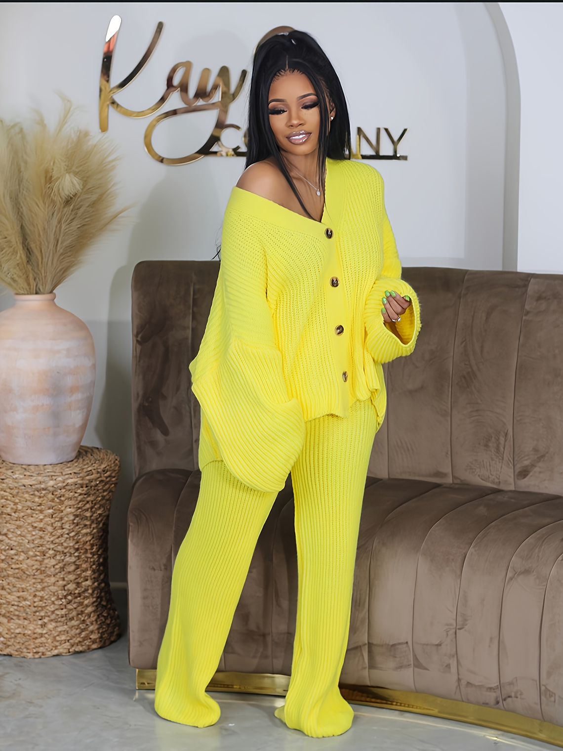 Queen of Hearts V-Neck Breasted Cardigan Wide-leg Pants Sweater Set 7