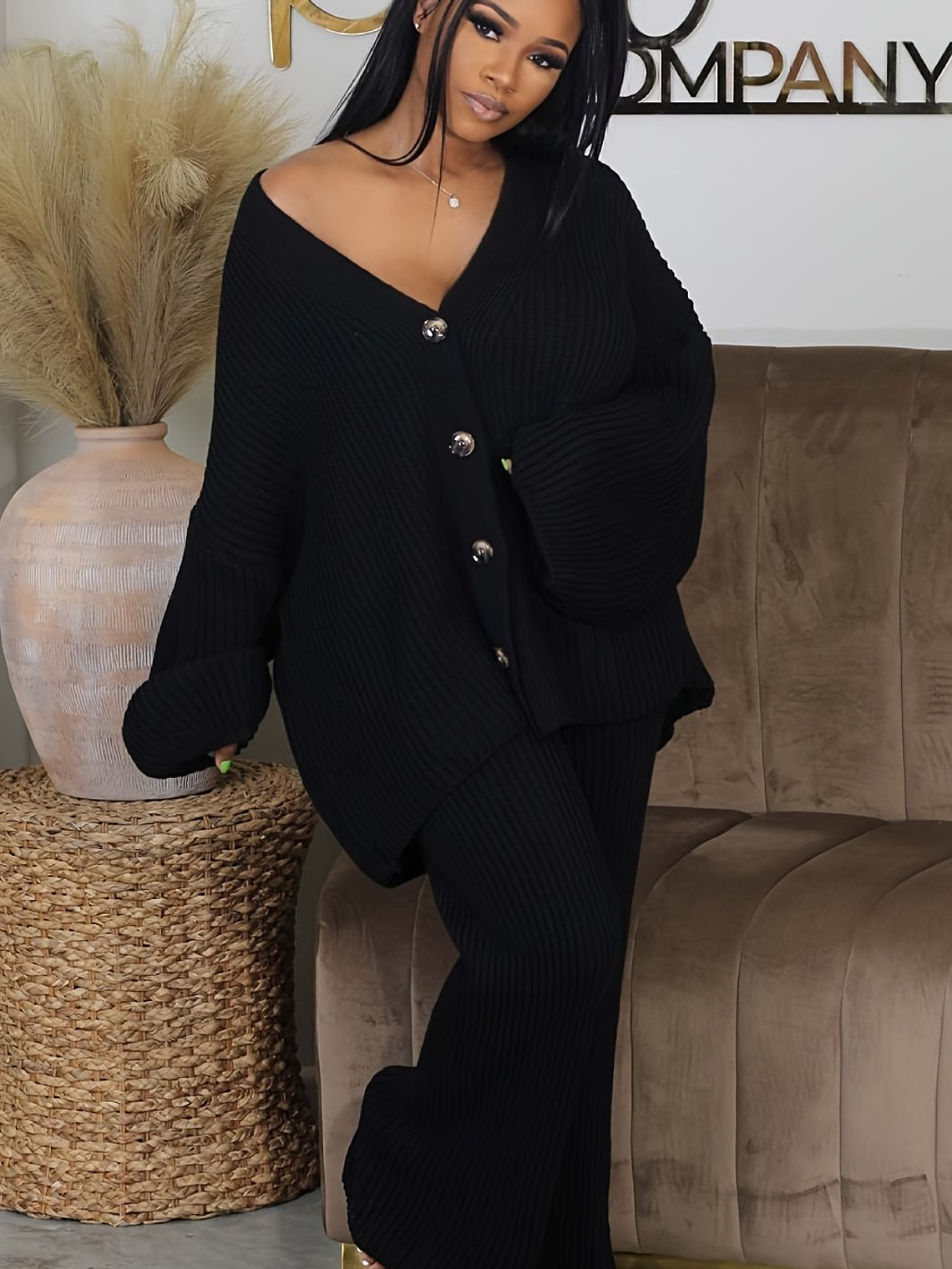 Queen of Hearts V-Neck Breasted Cardigan Wide-leg Pants Sweater Set 9