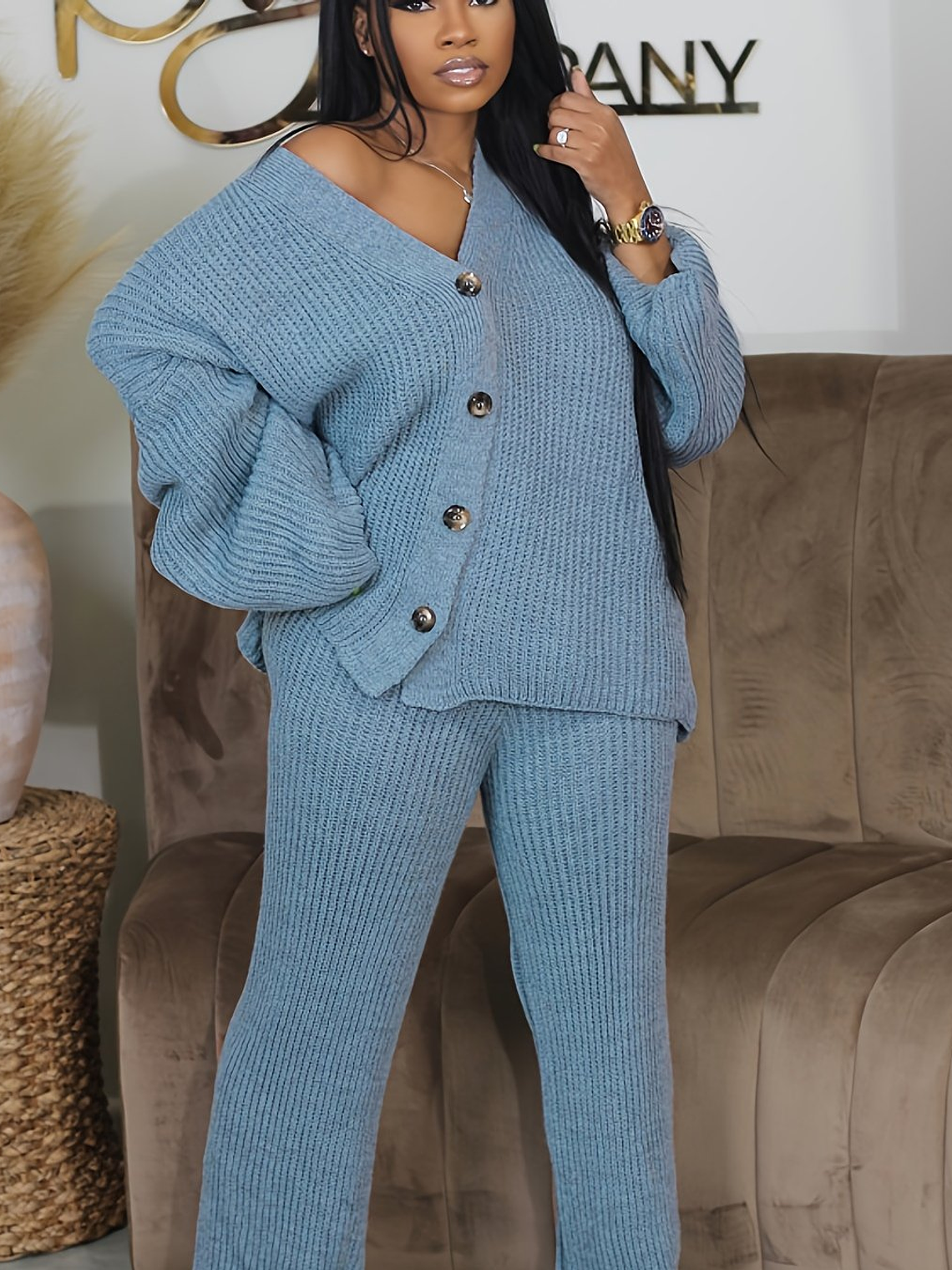 Queen of Hearts V-Neck Breasted Cardigan Wide-leg Pants Sweater Set 12