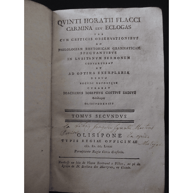 Poesias De Horácio/Crítica E Observações 1780 Joachimus Iosephus Costius Sadius