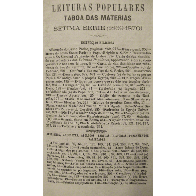 Leituras Populares 1869/70 Aprovação E Benção Papal Pio IX