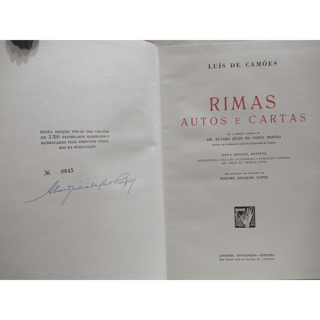 Rimas Autos E Cartas 1962 Luís De Camões/Álvaro J. Da Costa Pimpão/Joaquim Lopes