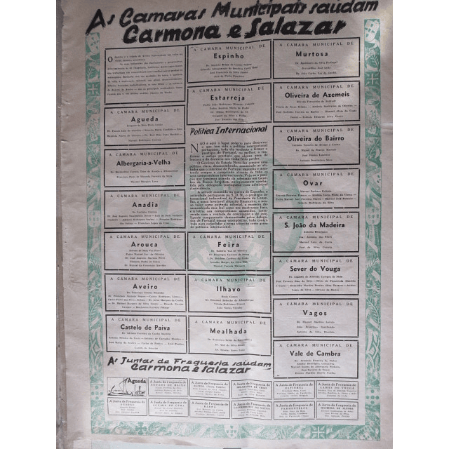 Aveiro Distrito Saúda Carmona/Salazar/XII Ano Revolução Nacional 1938 Jsé D`Almeida Azevedo