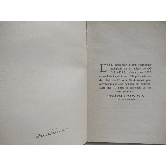 Os Lusiadas Luís De Camões/Facsímilada 1ª. Ed. 1572 Lello & Irmão