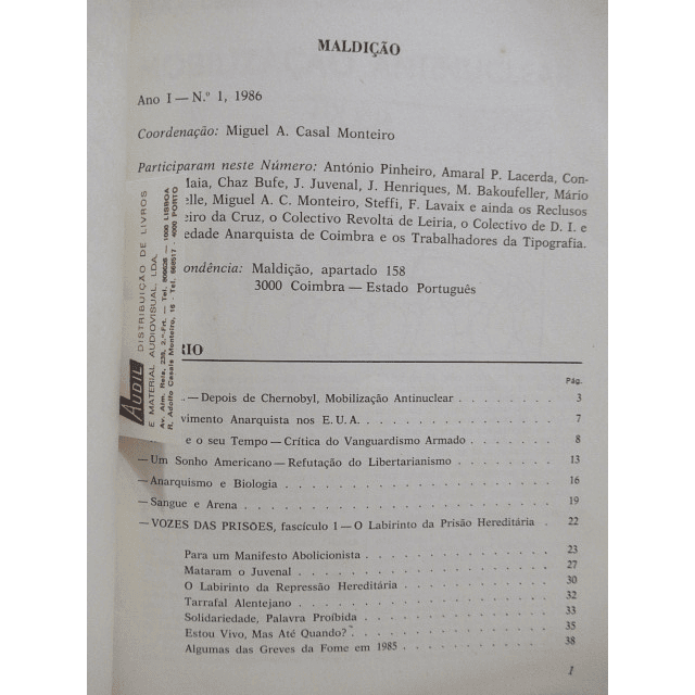 Maldição Ano 1, Nº 1 As FP-25 Seu Tempo/Anarquismo... 1986  Miguel A. Casal Monteiro