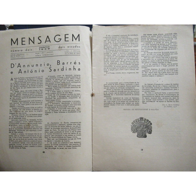 Mensagem Manifesto De Uma Geração 1938 Telmo Felgueiras/Azinhal Abelho/Carlos Eugénio