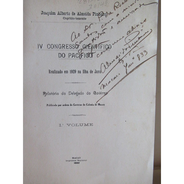 IV Congresso Científico Pacifico/Ilha De Java 1932 Joaquim Alberto De Almeida Pinheiro