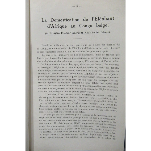 La Domestication De L`Eléphant D`Afrique/Congo Belge 1920 E. Leplae
