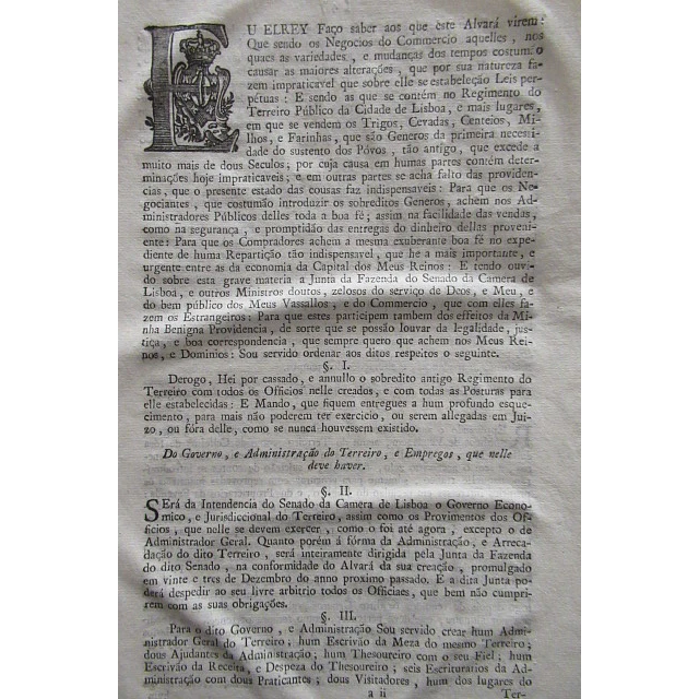 Regimento Do Terreiro Da Cidade De Lisboa 1777 D. José/Marquês De  Pombal