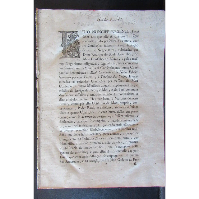 Alvará Regio Real Companhia Fiações/Tecidos Das Sedas Beiras... 1802 Principe Regente