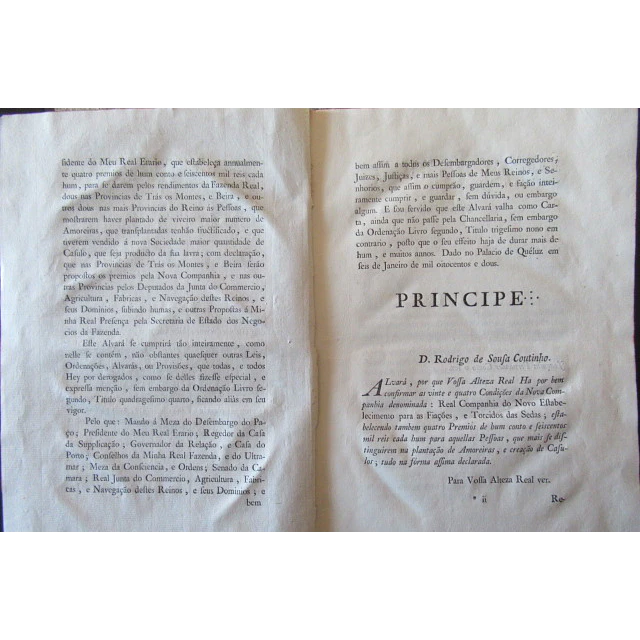 Alvará Regio Real Companhia Fiações/Tecidos Das Sedas Beiras... 1802 Principe Regente