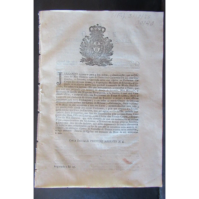 Plano Régio Regular Distintivos/Uniformes Das Diversas Armas 1806 Principe Regente