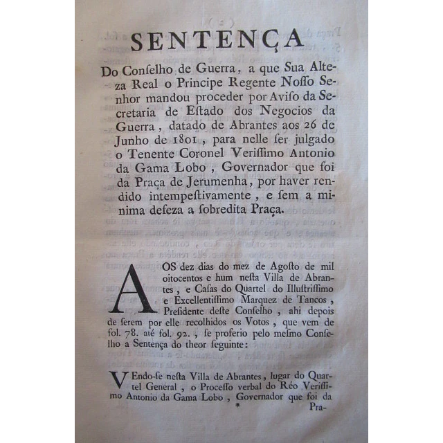 Guerra Das Laranjas/Sentença Verissí. Antº. Gama Lobo Governador/Juromenha 1802 Principe Regente
