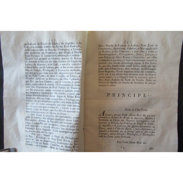 Tomar Perrogação Previlégio Real Fábrica(Tecidos/Fiação) De Tomar 1805 Principe Regente