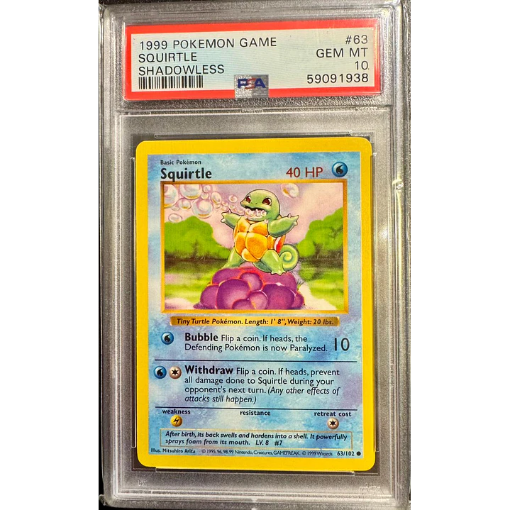 Squirtle [Shadowless] #63/102 Pokémon Base Set (PSA 10) 1