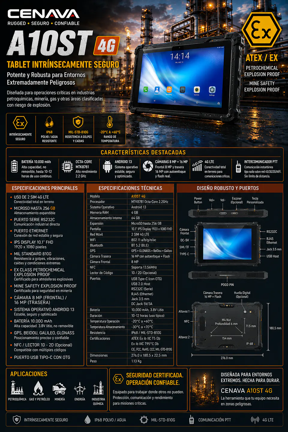 Tablet Intrínsicamente Seguro ATEX  Zona 1/21  Android 12gb Ram - 256 SSD 10,1 Pulgadas. 4G IP 68 Rugged Mil Sta-810 2