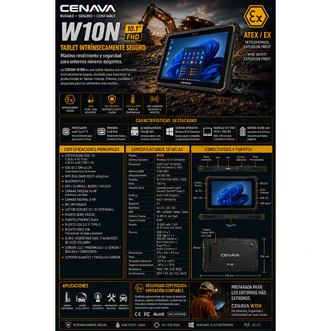 TABLET INDUSTRIAL ATEX INTRINSECO CENAVA WINDOWS INTEL I5 8GB RAM 256 SSD RUGGED IP68 10,1 PULG. ATEX ZONA II