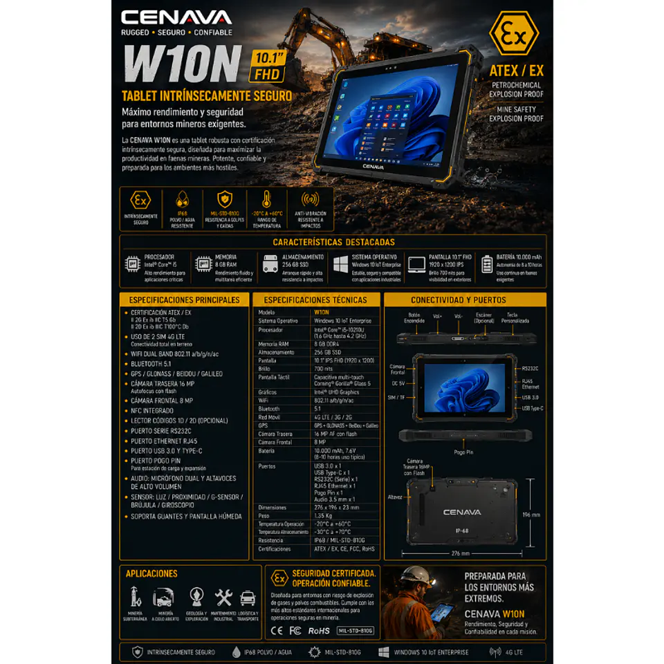 TABLET INDUSTRIAL ATEX INTRINSECO CENAVA WINDOWS INTEL I5 8GB RAM 256 SSD RUGGED IP68 10,1 PULG. ATEX ZONA II 1