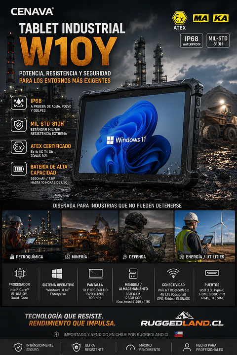 TABLET INDUSTRIAL ATEX INTRINSECO IP68 CENAVA WINDOWS 4G LTE INTEL I5 8GB RAM 256 SSD RUGGED IP68 10,1 PULG. ATEX ZONA  I/II