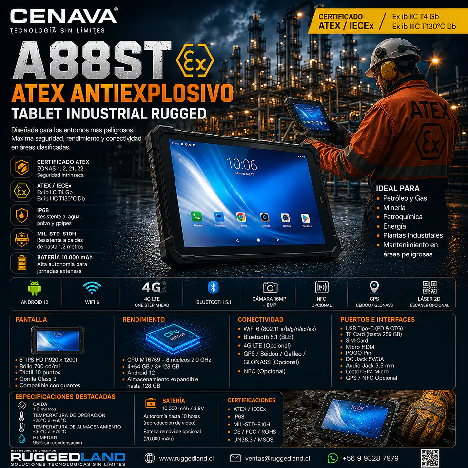 Tablet Intrínsicamente Seguro ATEX  Zona 1/21  Android 8 gb Ram - 128 SSD 8 Pulgadas. 4G IP 68 Rugged Mil Sta-810 1