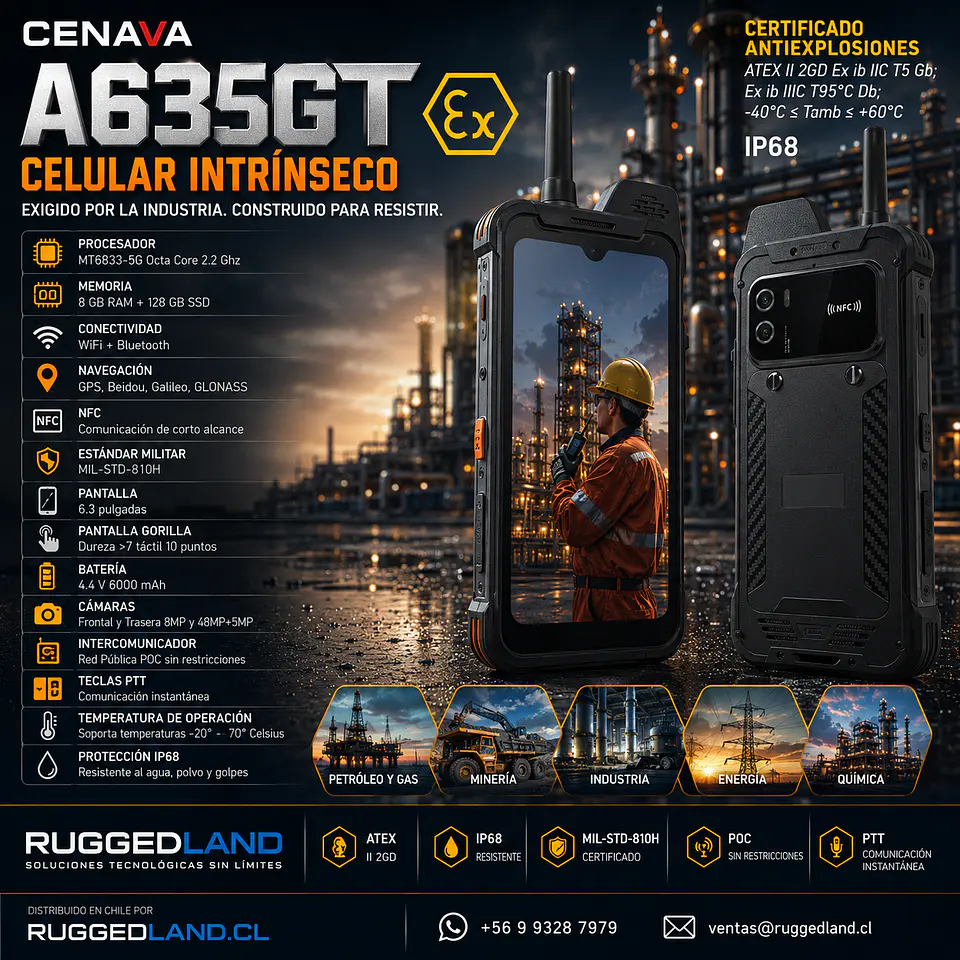 Celular Intrínsicamente Seguro Cenava A635GT Atex IP68 5G 1
