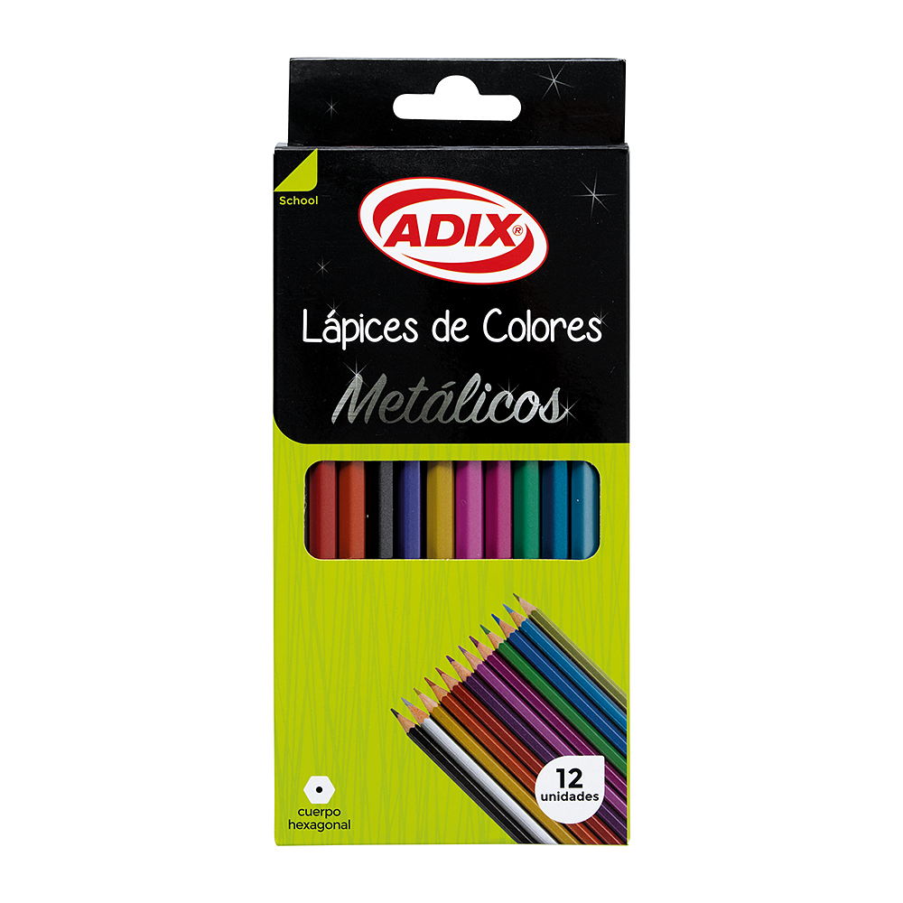 Lápices de madera Metálicos Hexagonal 12 colores  - Adix