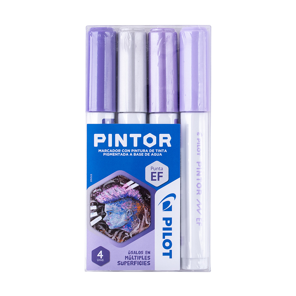 Set Marcador Pintor Extra Fino 4un Plateado, Violeta Pastel, Violeta, Violeta metalizado  - Pilot