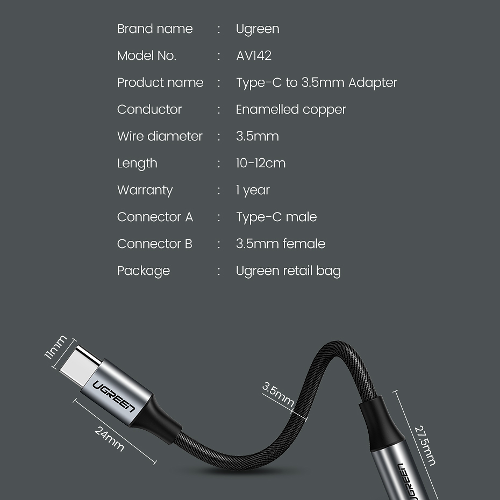Adaptador USB-C a 3.5mm mini jack modelo AV142 10cms  - Ugreen