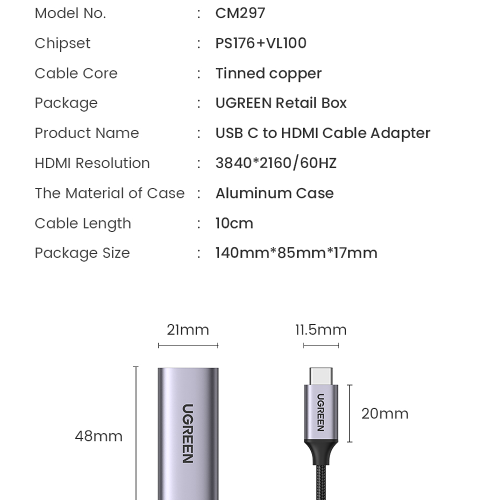 Adaptador USB-C a HDMI modelo CM297 Gris  - Ugreen