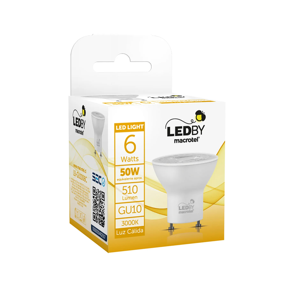 Ampolleta Led GU10 luz cálida 3000K 6W  - Macrotel