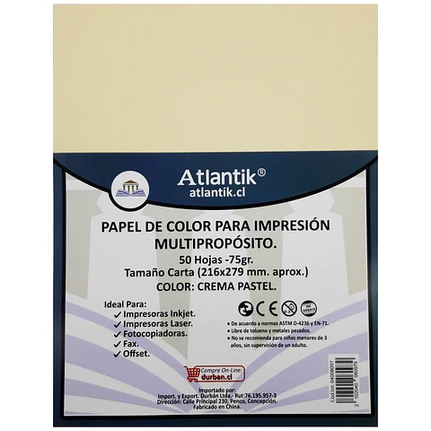Papel de color carta 75gr 50 hojas crema multiproposito Atlantik