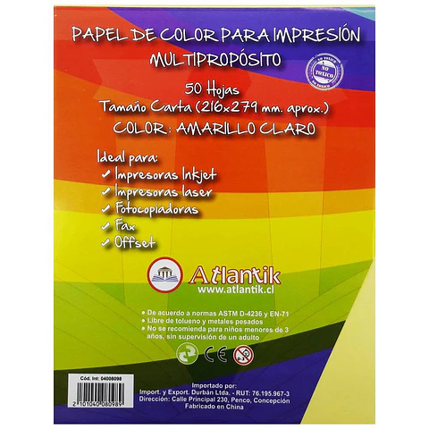 Papel de color carta 75gr 50 hojas amarillo claro multiproposito Atlantik