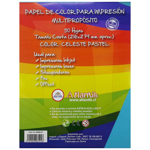 Papel de color carta 75gr 50 hojas celeste pastel multiproposito Atlantik