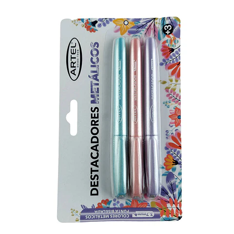 Destacador 03 u glitter/metalico tipo lápiz punta biselada blis artel