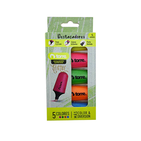 Destacador 05 u mini 05 color glitter blis torre
