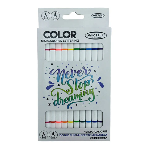 Marcador 12 color doble punta efecto acuarela artel
