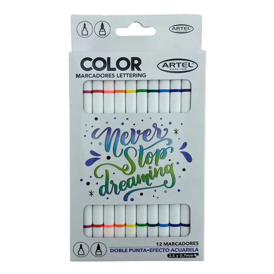 Marcador 12 color doble punta efecto acuarela artel 1