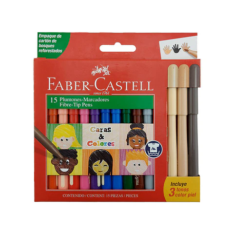 Marcador 12 color + 3 tonos piel punta fina faber-castell