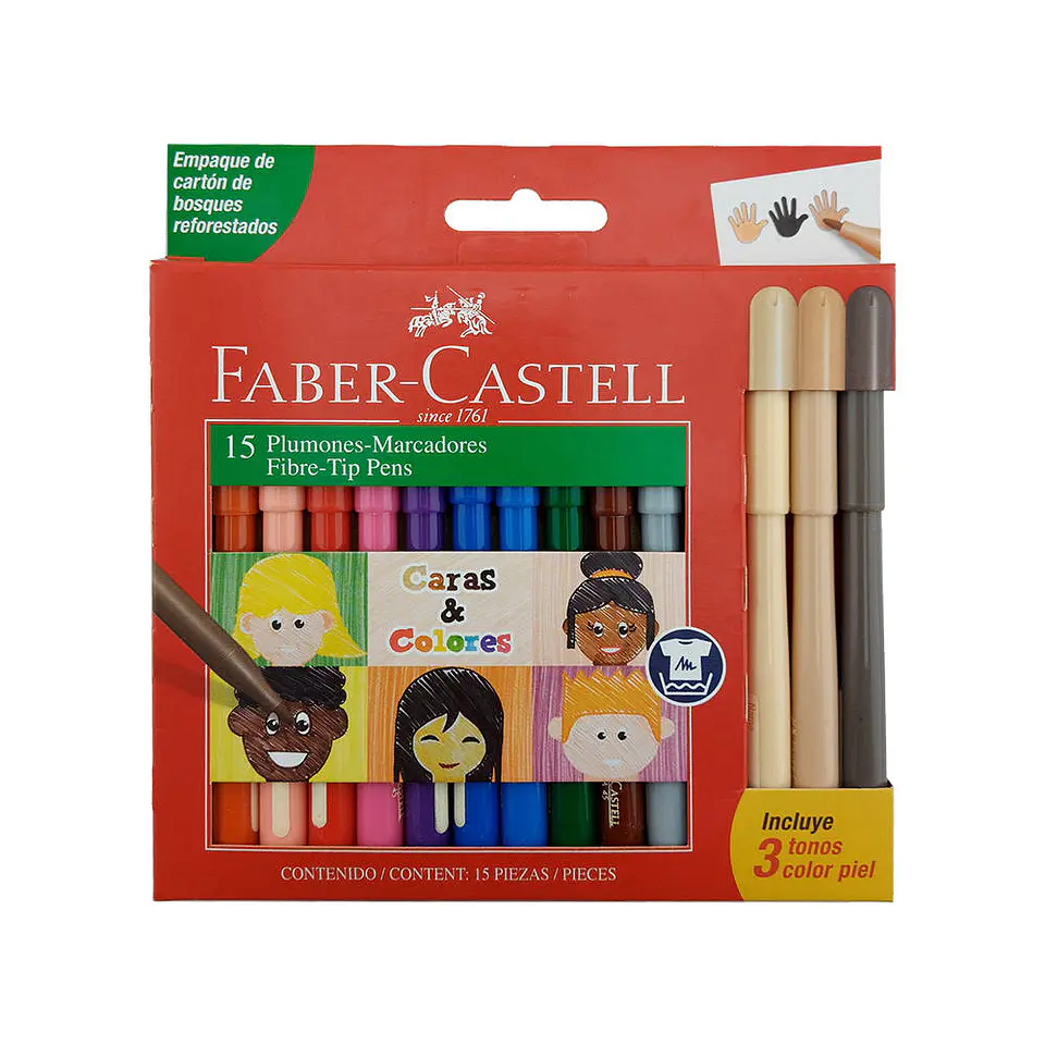 Marcador 12 color + 3 tonos piel punta fina faber-castell 1